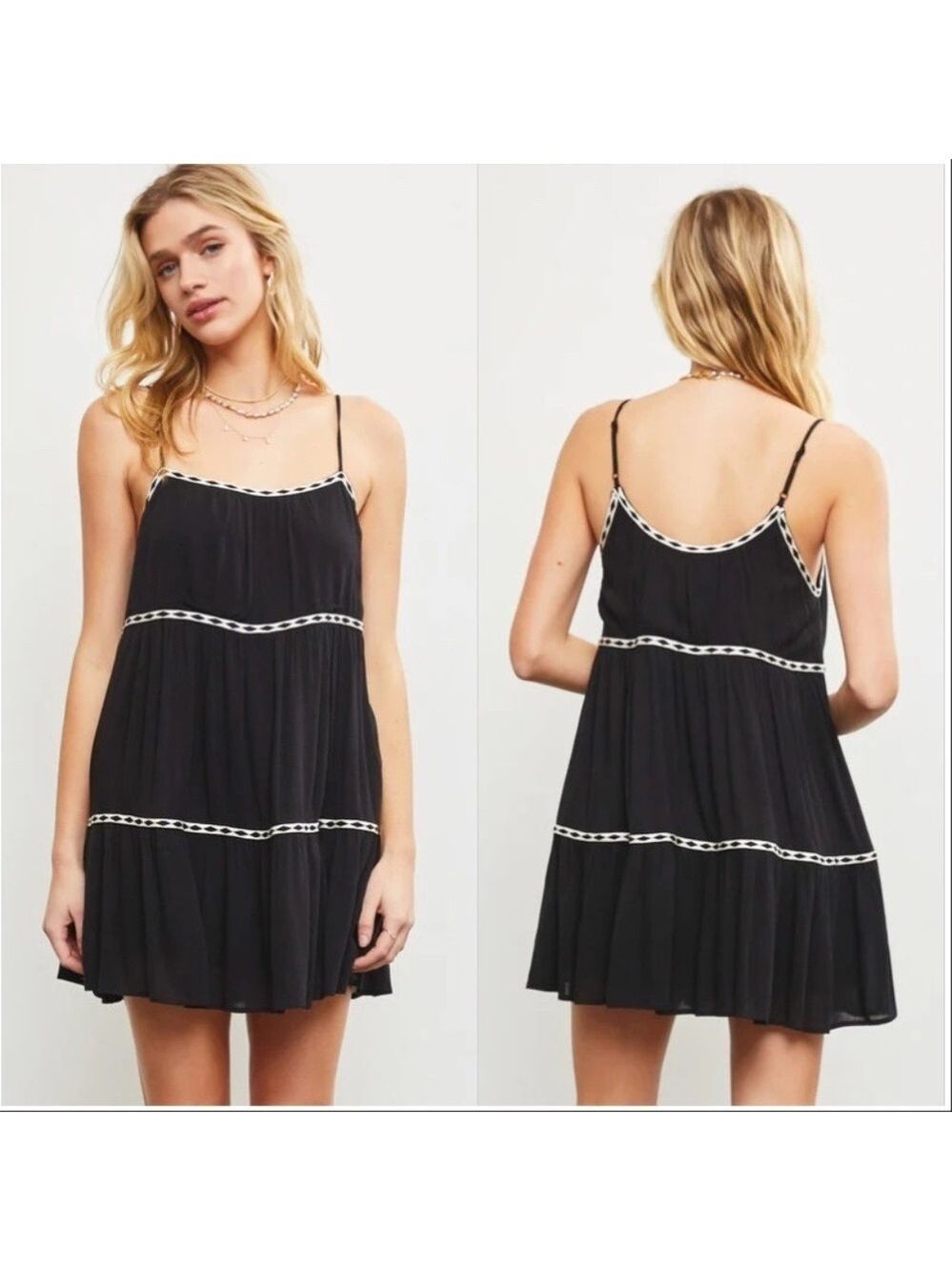 Mustard Seed Black and White Tape Trim Shirred Tiered Romper Dress
